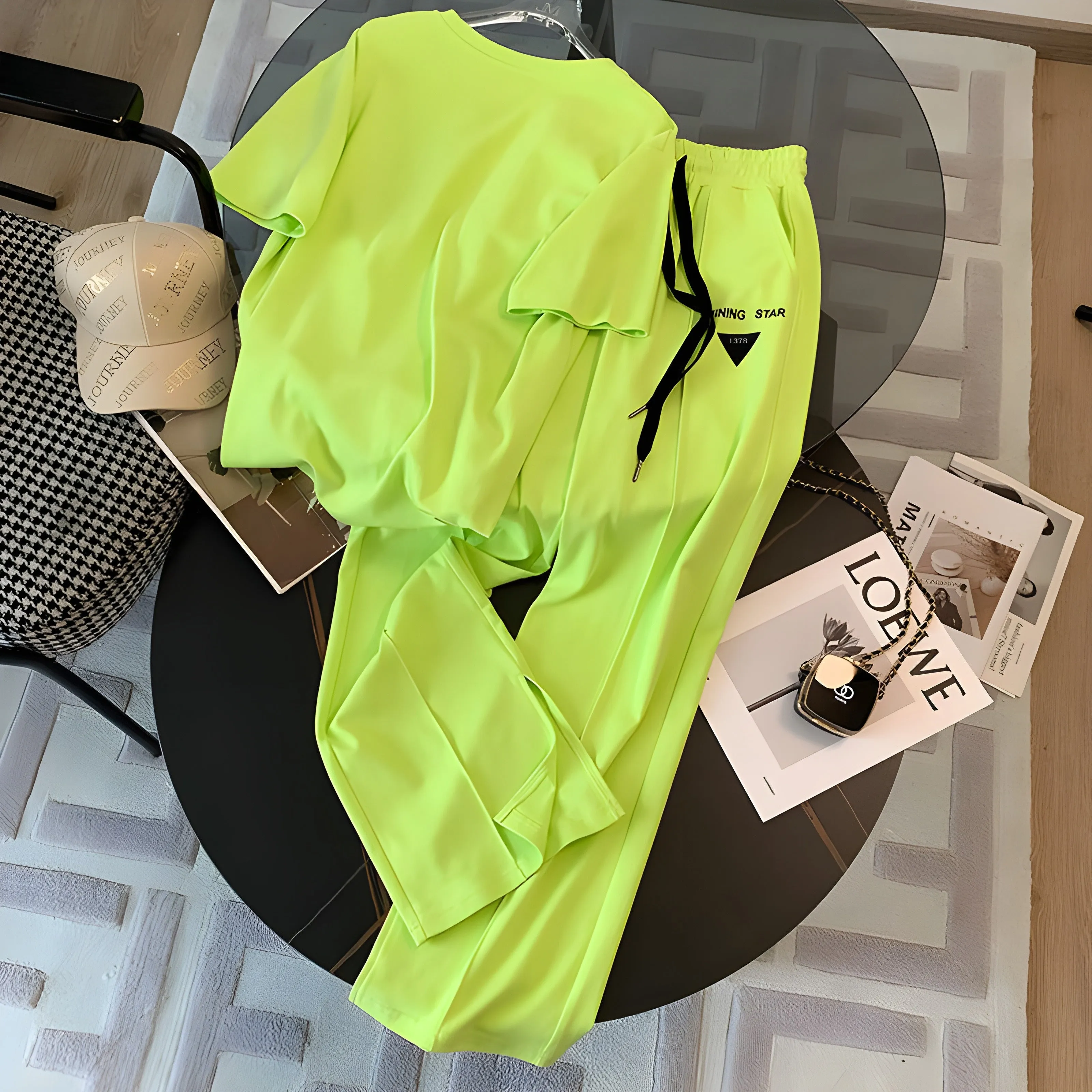 2 Pcs Women's Short Sleeve Solid Color Pants Set S 418202