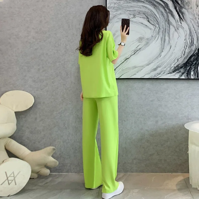 2 Pcs Women's Short Sleeve Solid Color Pants Set S 418202