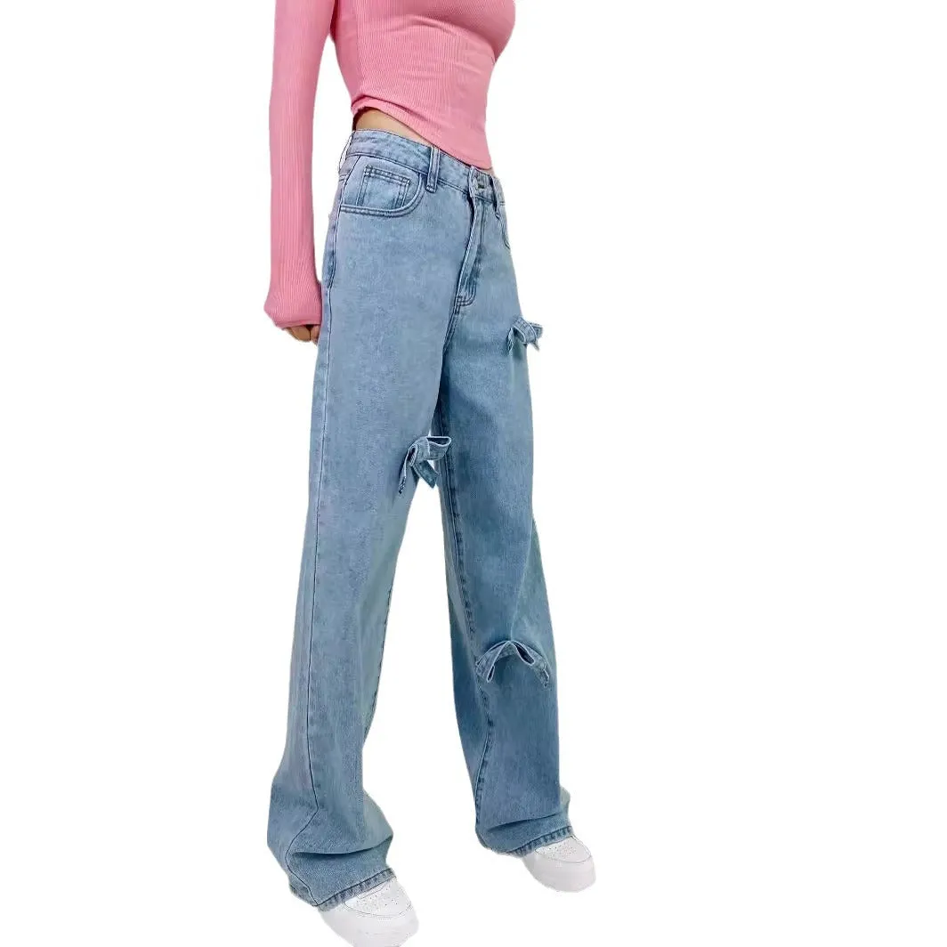 Aiertu y2k outfits Bow Straight Jeans Loose Comfortable Slimming Personality Trendy Trousers