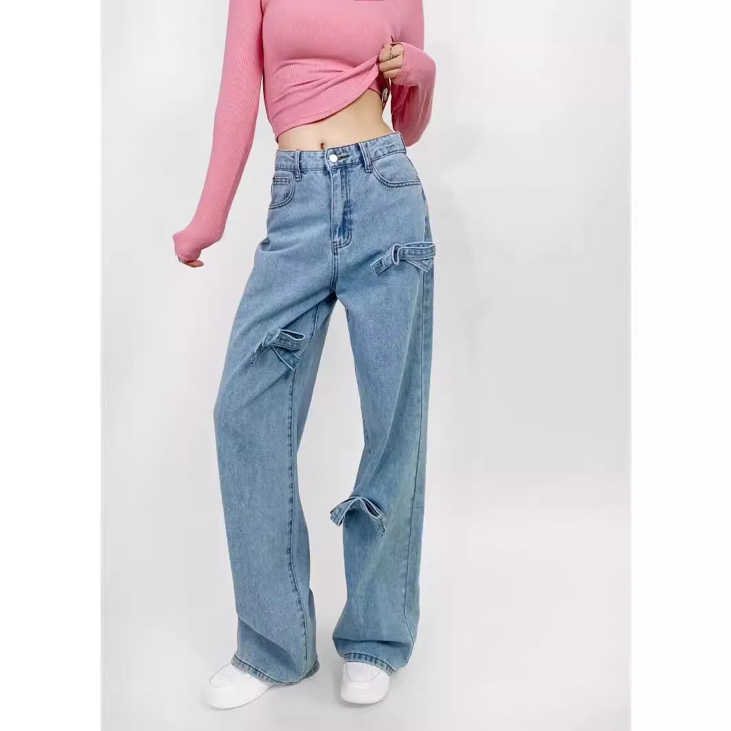 Aiertu y2k outfits Bow Straight Jeans Loose Comfortable Slimming Personality Trendy Trousers