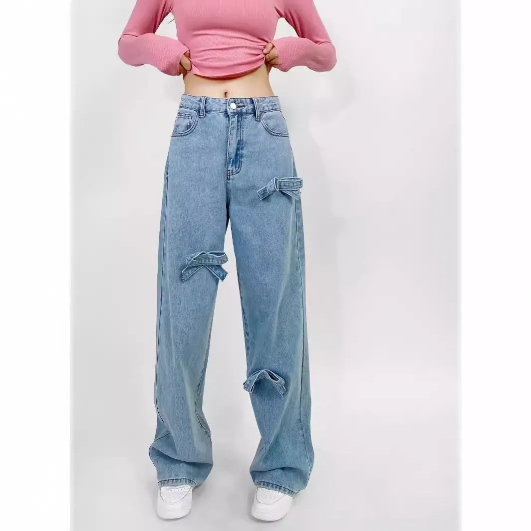 Aiertu y2k outfits Bow Straight Jeans Loose Comfortable Slimming Personality Trendy Trousers