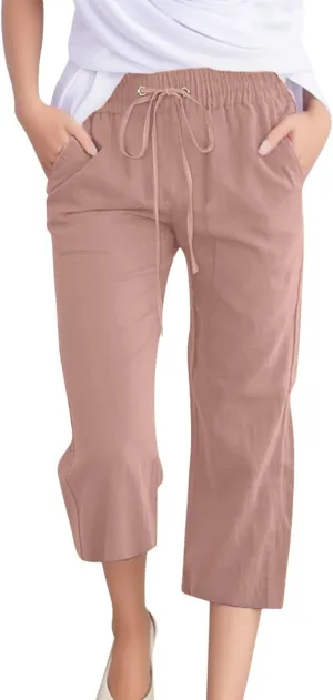 Capri Pants for Women 2024 Summer Casual Drawstring High Waist Linen Pants Straight Wide Leg Capris Cropped Trousers