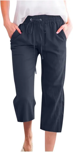 Capri Pants for Women 2024 Summer Casual Drawstring High Waist Linen Pants Straight Wide Leg Capris Cropped Trousers