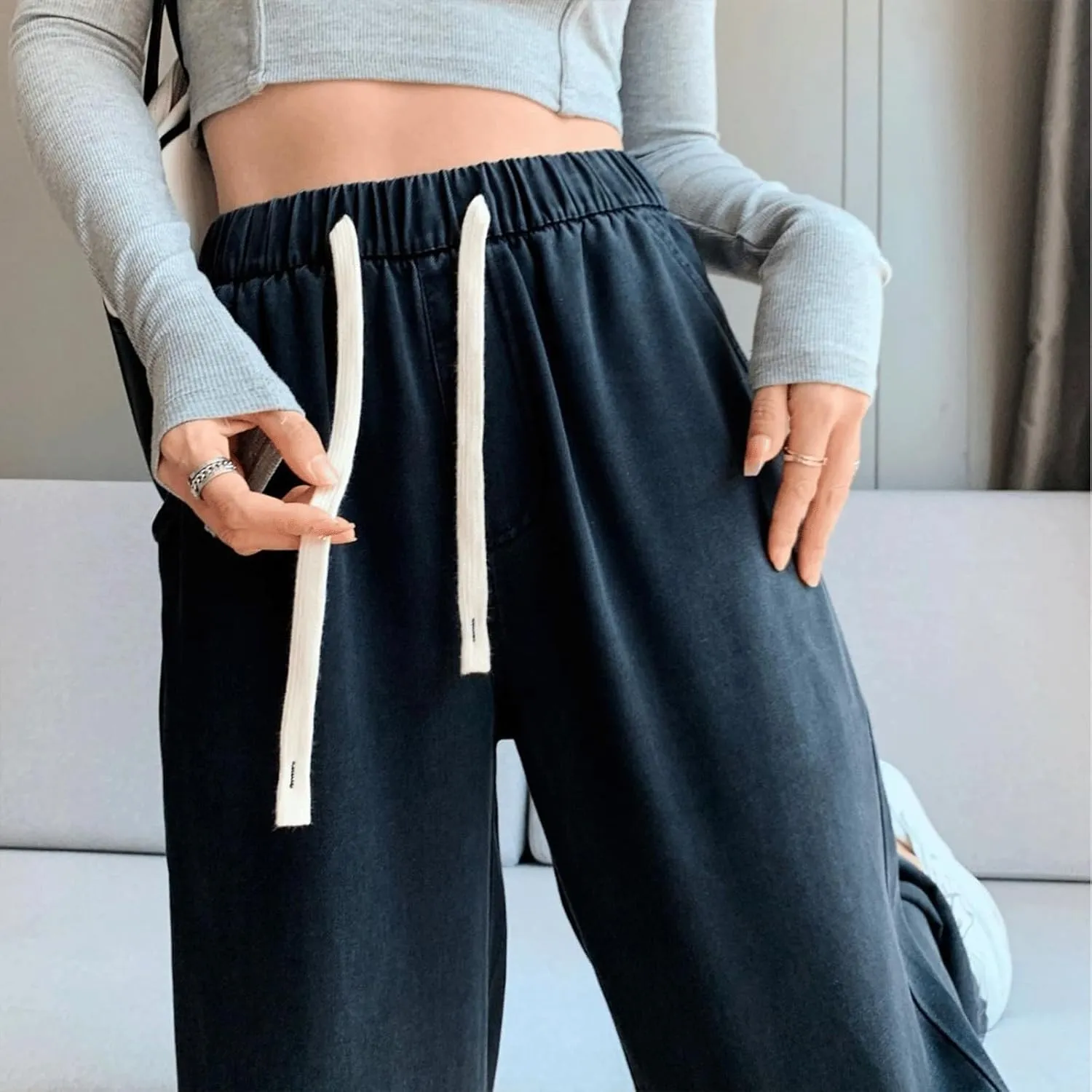 Denim Sweatpants Women High Waisted Wide Leg Jeans Casual Drawstring Y2k Baggy Boyfriend Sweatpant Jeans with Pockets