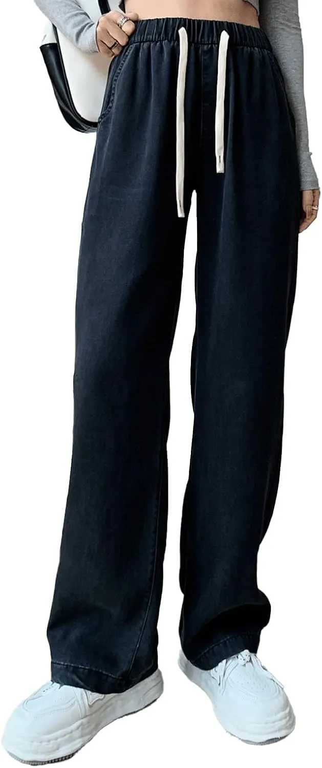 Denim Sweatpants Women High Waisted Wide Leg Jeans Casual Drawstring Y2k Baggy Boyfriend Sweatpant Jeans with Pockets