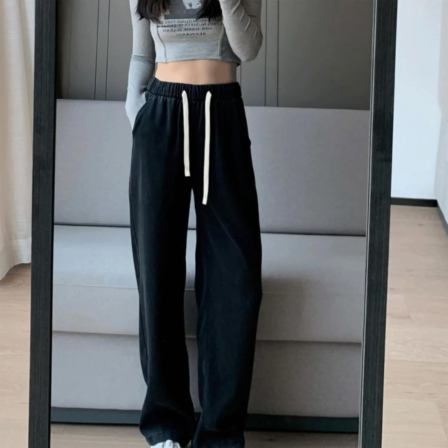 Denim Sweatpants Women High Waisted Wide Leg Jeans Casual Drawstring Y2k Baggy Boyfriend Sweatpant Jeans with Pockets