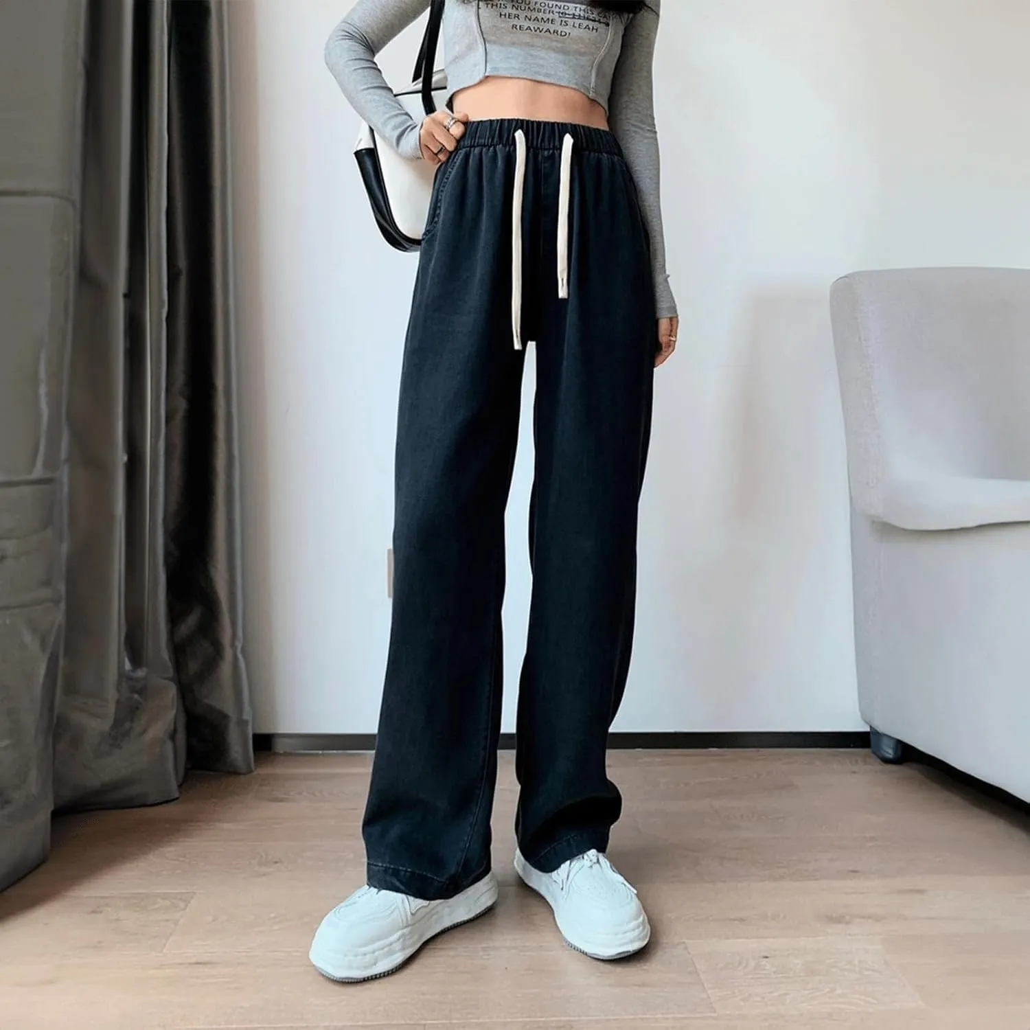 Denim Sweatpants Women High Waisted Wide Leg Jeans Casual Drawstring Y2k Baggy Boyfriend Sweatpant Jeans with Pockets