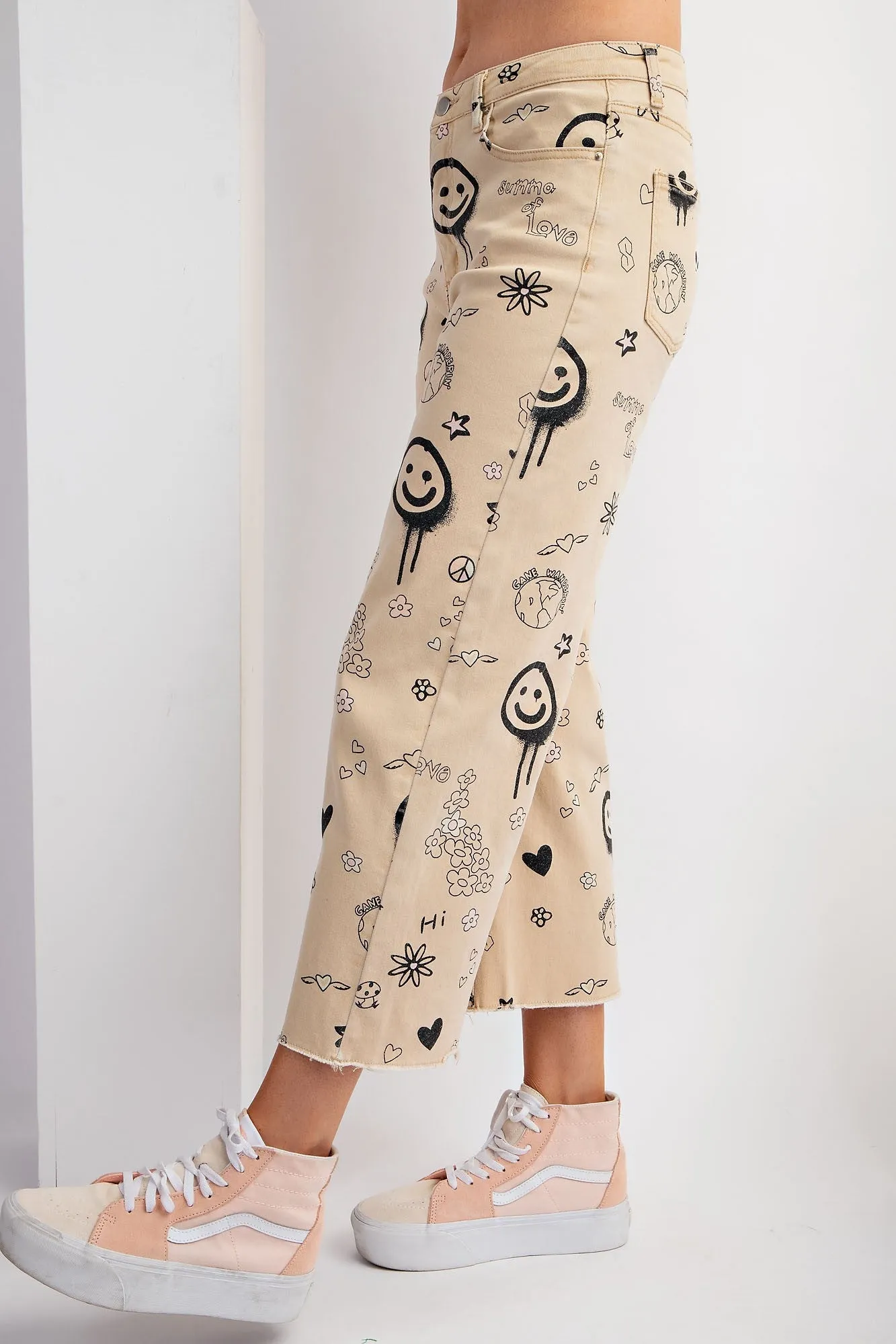 FUNNY PRINT STRETCH WASHED DENIM-TWILL PANTS KHAKI (C2)
