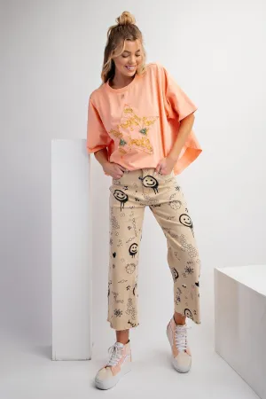 FUNNY PRINT STRETCH WASHED DENIM-TWILL PANTS KHAKI (C2)