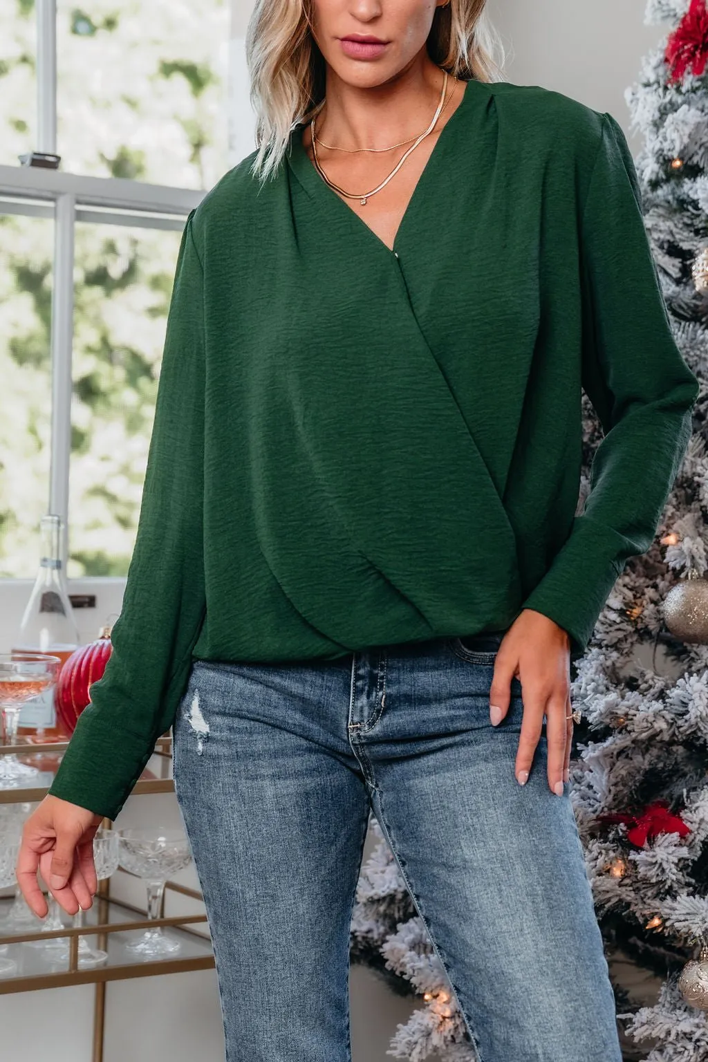 Green Surplice V Neck Top