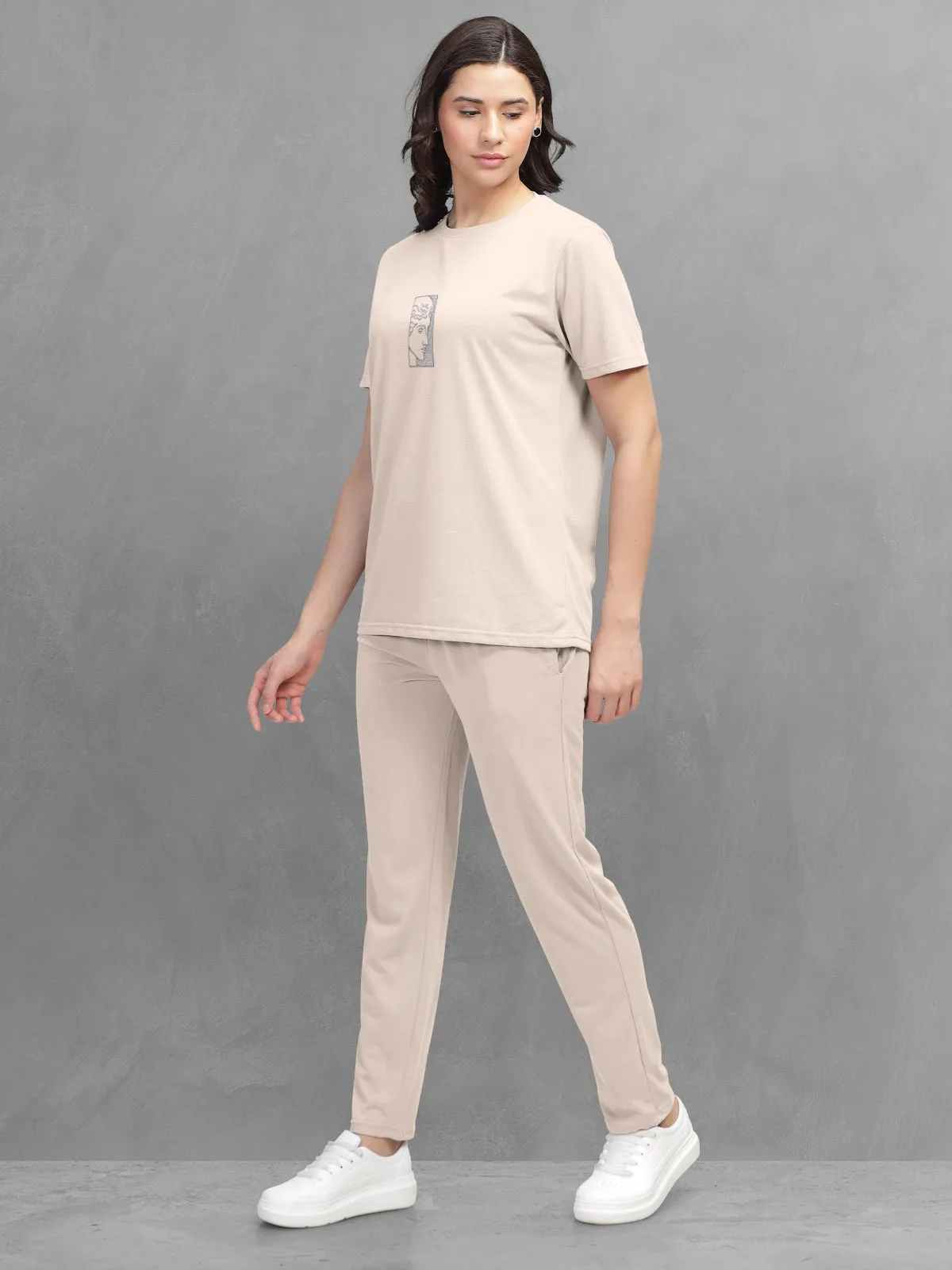 HELLCAT Beige Trendy Printed / Solid T shirt with Pants Lounge Wear / Coords / Clothing Set for Women