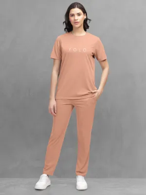 HELLCAT Orange Trendy Printed / Solid T shirt with Pants Lounge Wear / Coords / Clothing Set for Women