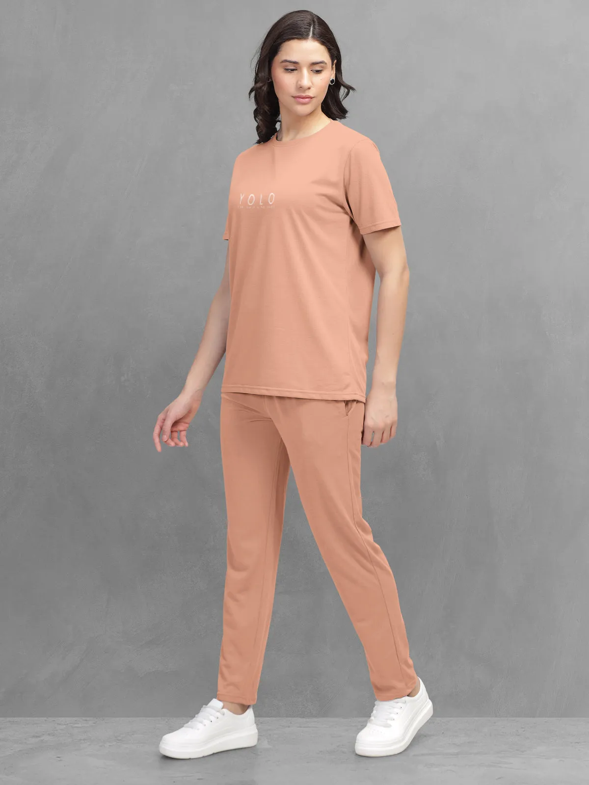 HELLCAT Orange Trendy Printed / Solid T shirt with Pants Lounge Wear / Coords / Clothing Set for Women