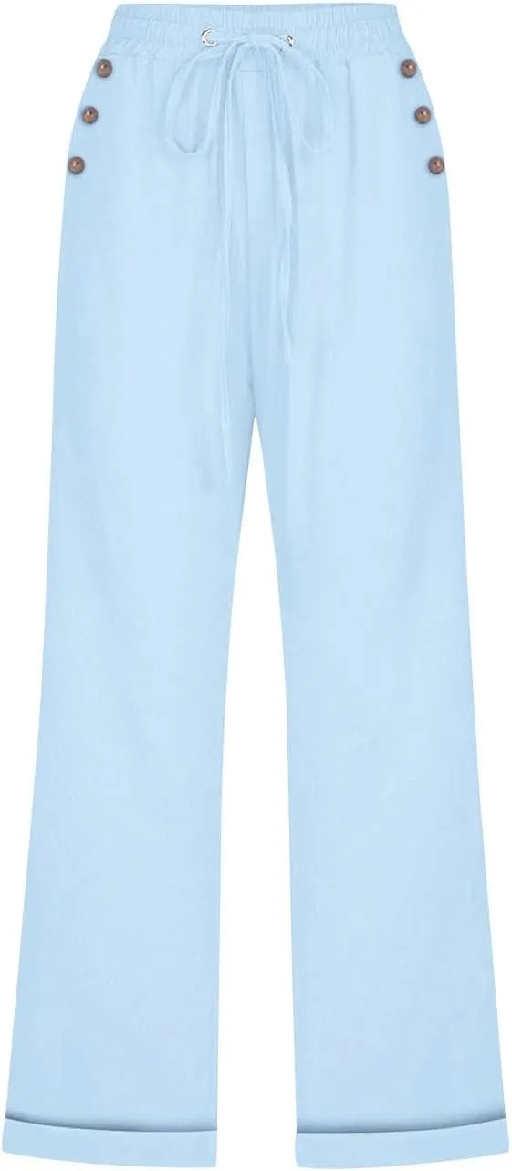 hlysgo Casual Capri Pants for Women High Waist Drawstring Beach Pants 2025 Summer Plus Size Cotton Linen Cropped Trouser
