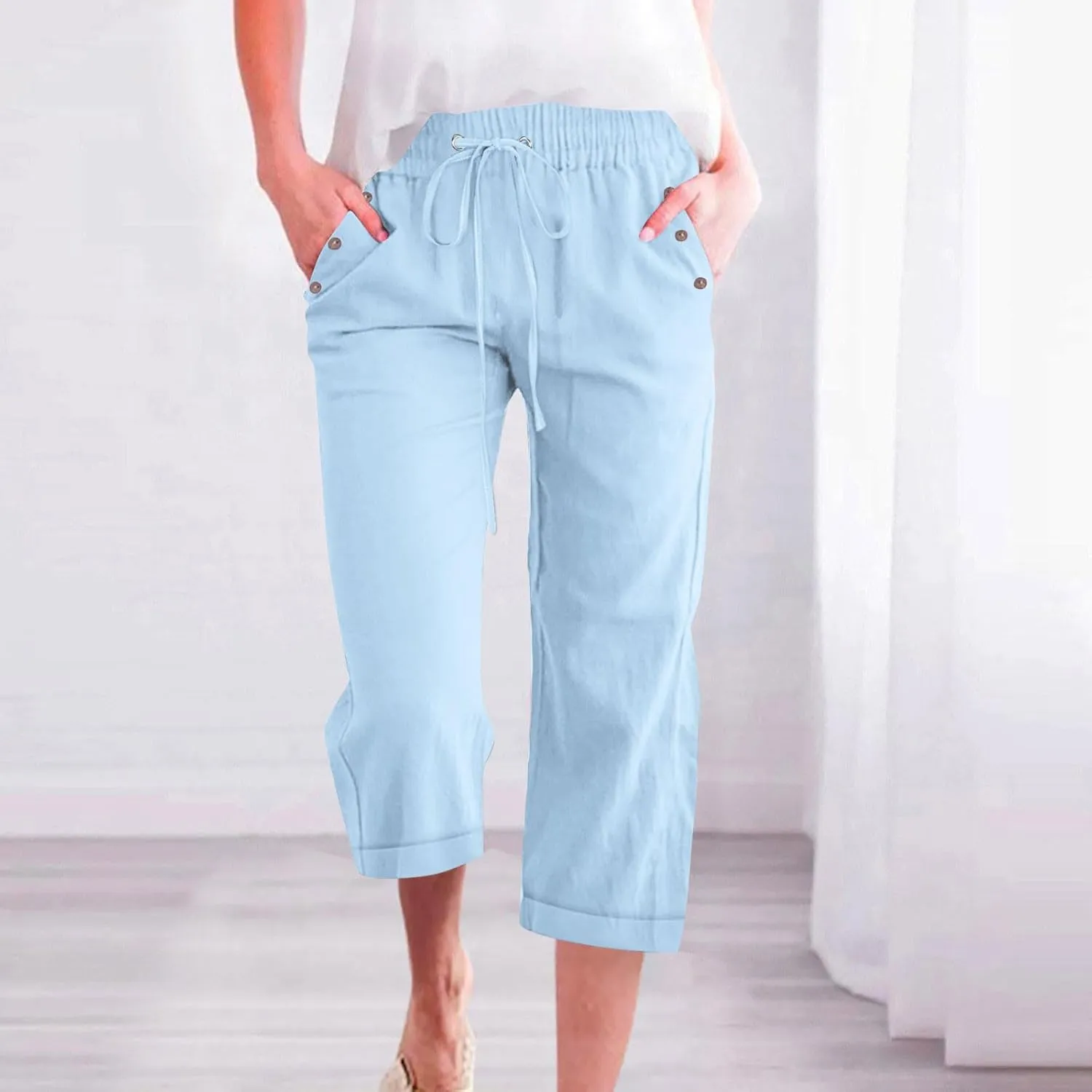 hlysgo Casual Capri Pants for Women High Waist Drawstring Beach Pants 2025 Summer Plus Size Cotton Linen Cropped Trouser