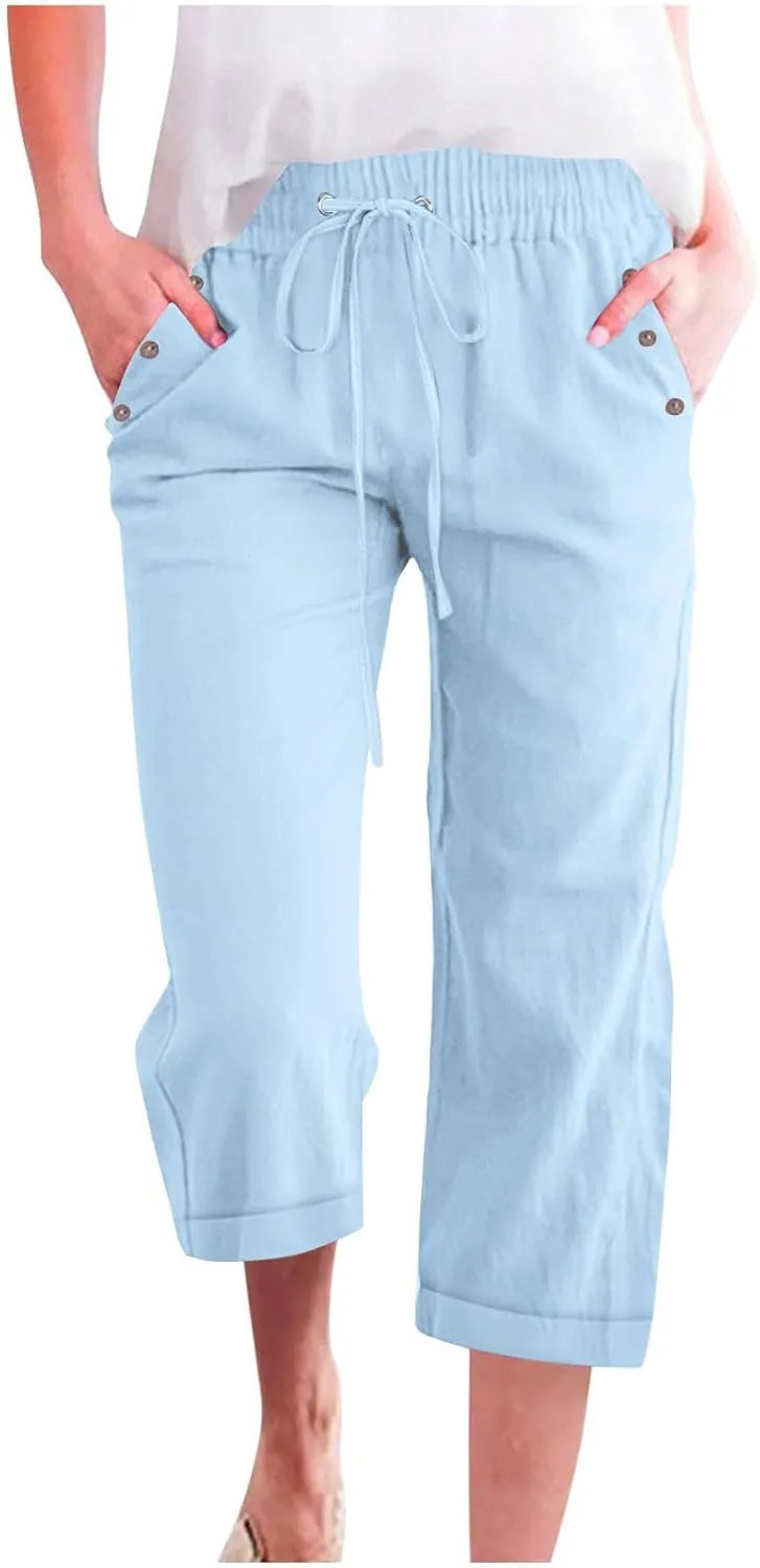hlysgo Casual Capri Pants for Women High Waist Drawstring Beach Pants 2025 Summer Plus Size Cotton Linen Cropped Trouser