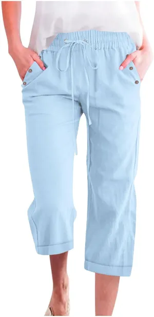 hlysgo Casual Capri Pants for Women High Waist Drawstring Beach Pants 2025 Summer Plus Size Cotton Linen Cropped Trouser