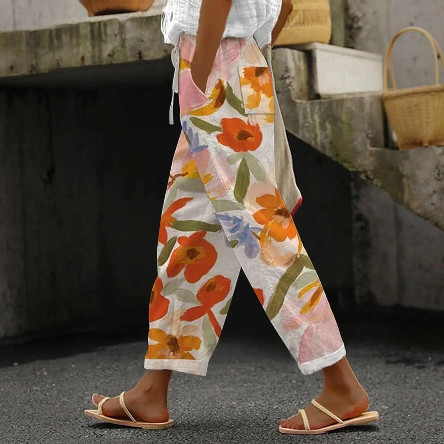 LCMTWX Lightweight Pants Women Drawstring Capri Pants with Pockets Wide Leg Cropped Pants for Women Womens Linen Pants Boho