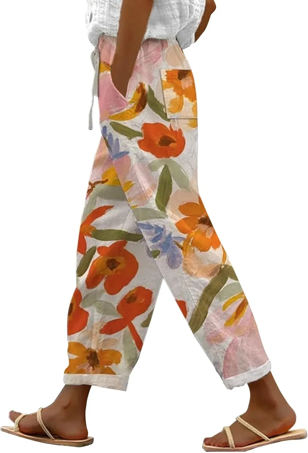 LCMTWX Lightweight Pants Women Drawstring Capri Pants with Pockets Wide Leg Cropped Pants for Women Womens Linen Pants Boho