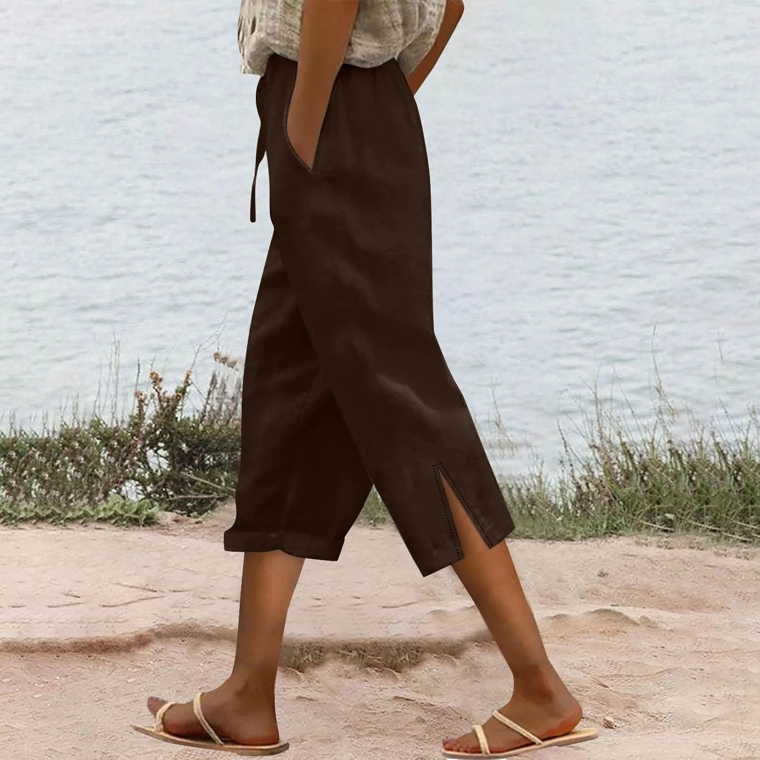 Linen Capri Pants for Women Drawstring Elastic Waist Shorts Lightweight Summer Pants Beach Capri Pants with Pockets