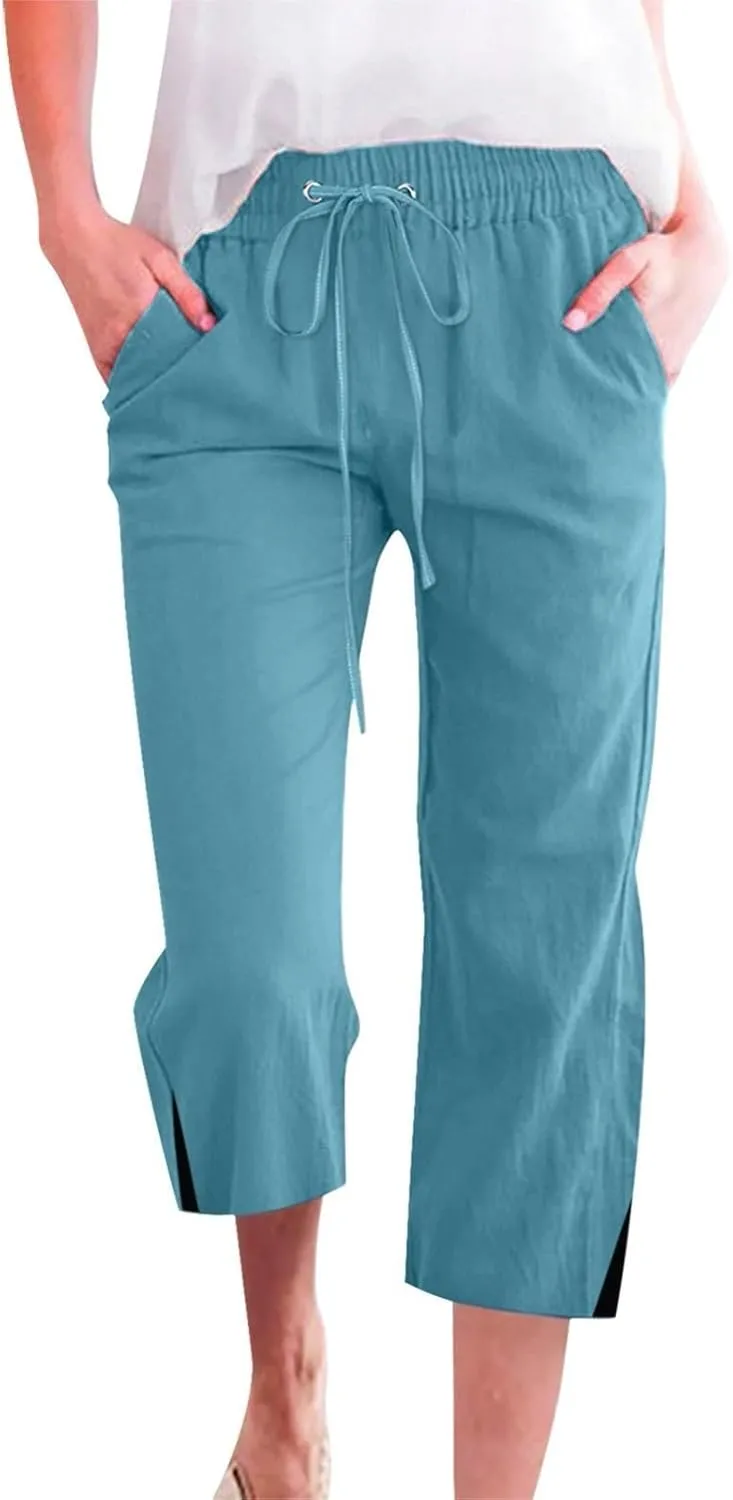 Linen Pants for Women Lightweight Capri Pants Elastic Waisted Summer Beach Vacation Cropped Trousers with Pockets