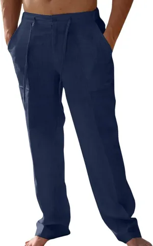 Men's Casual Linen Patch Bag Loose Drawstring Straight Leg Summer Beach Yoga Pants 2025