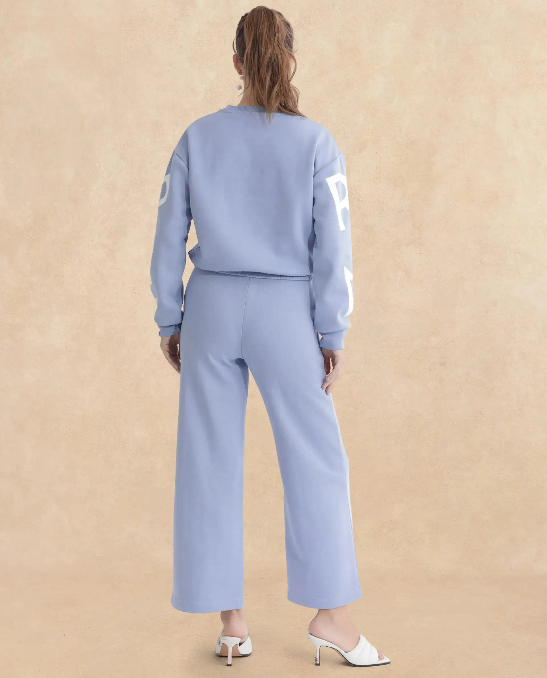 Rareism Articale Women Jonice Light Blue Poly Cotton Fabric Full Sleeves Crew Neck Regular Fit Graphic Print Cropped Sweatshirt