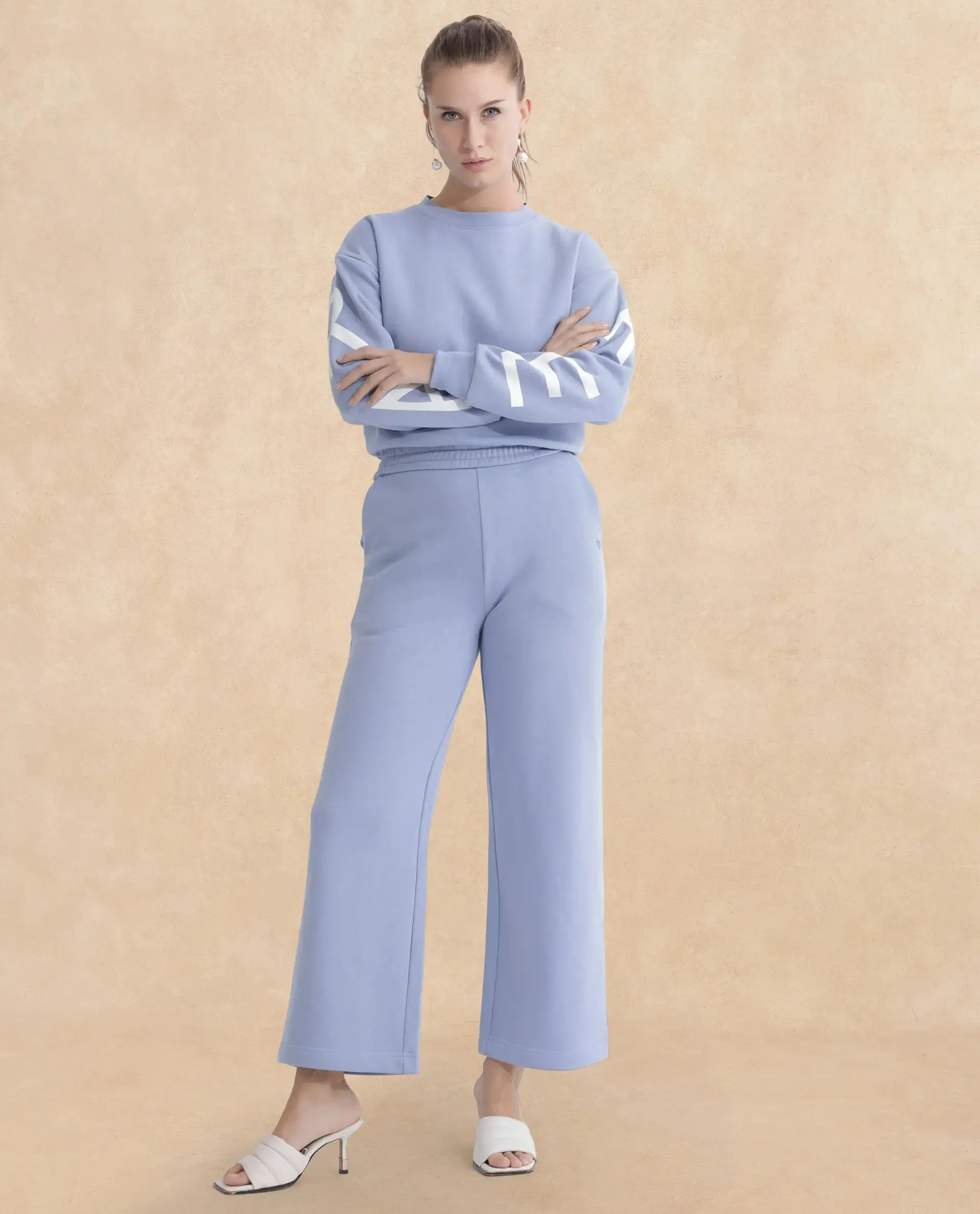 Rareism Articale Women Jonice Light Blue Poly Cotton Fabric Full Sleeves Crew Neck Regular Fit Graphic Print Cropped Sweatshirt
