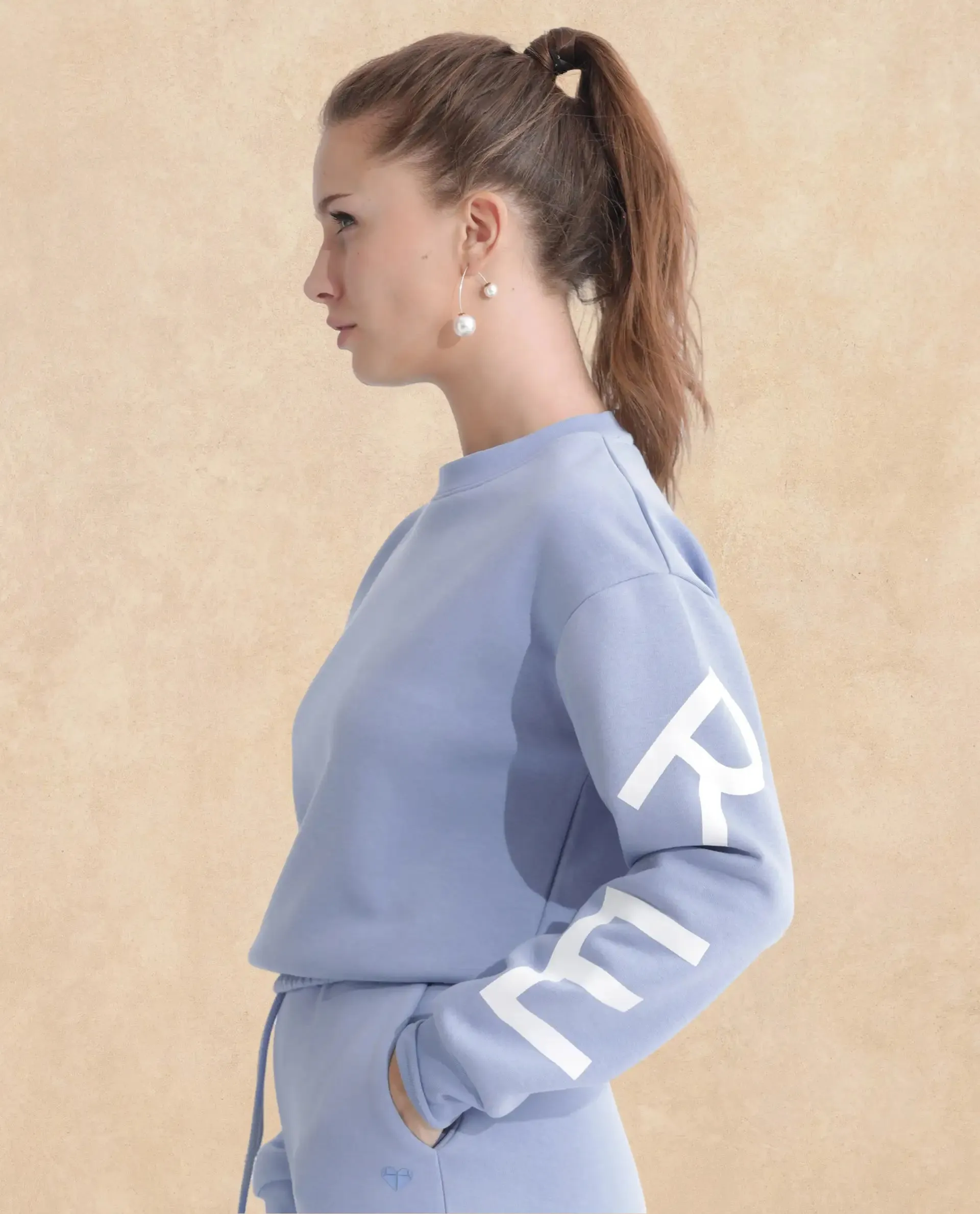 Rareism Articale Women Jonice Light Blue Poly Cotton Fabric Full Sleeves Crew Neck Regular Fit Graphic Print Cropped Sweatshirt