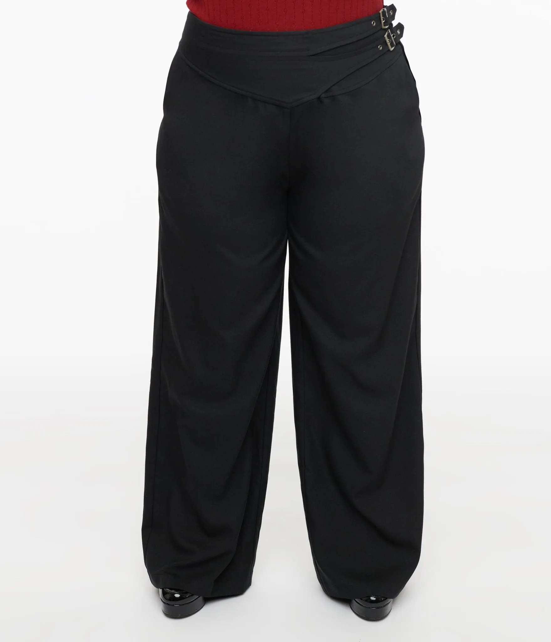 Unique Vintage Plus Size Black Double Belt Woven Pants