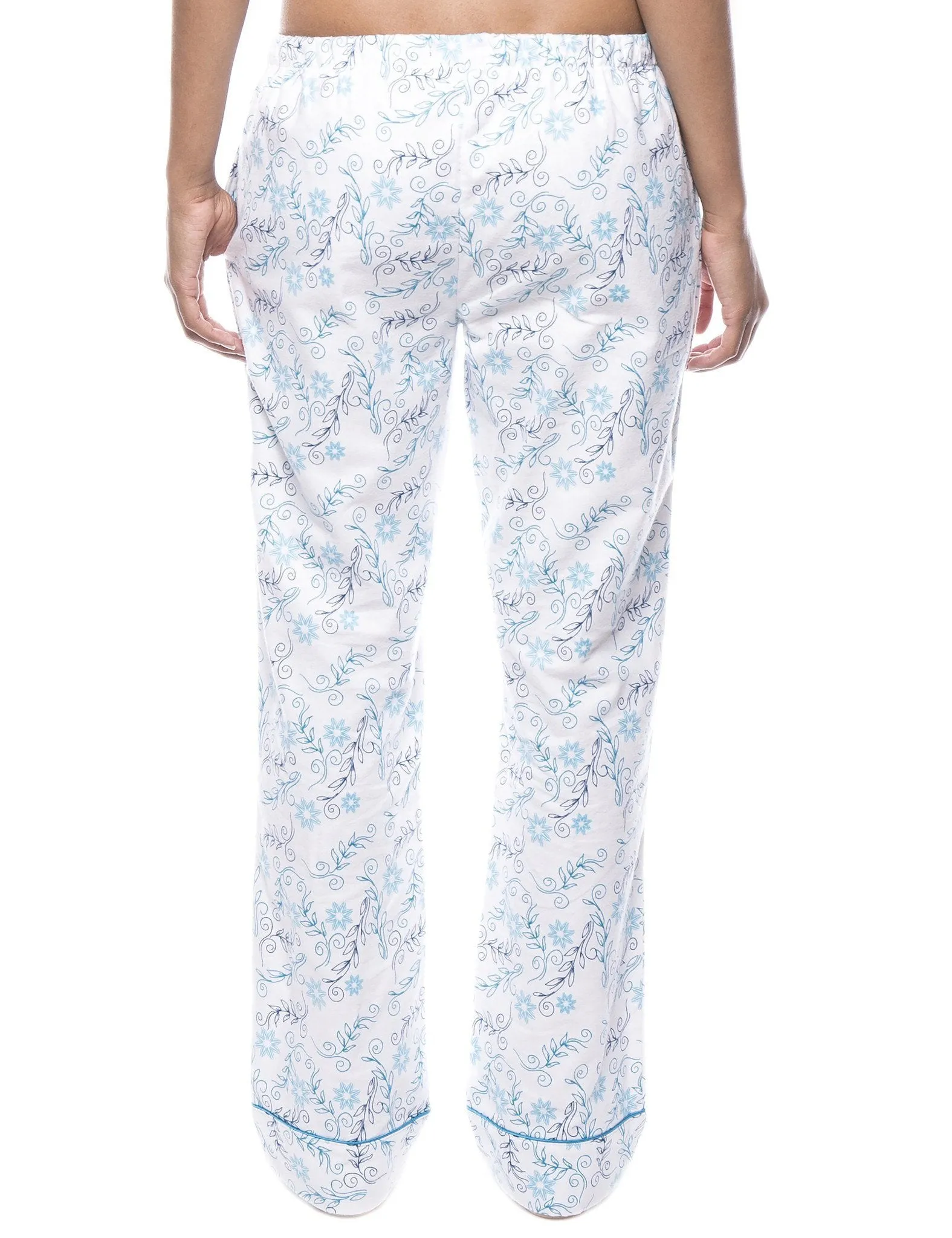 Womens 100% Cotton Flannel Lounge Pants - Floral White/Blue