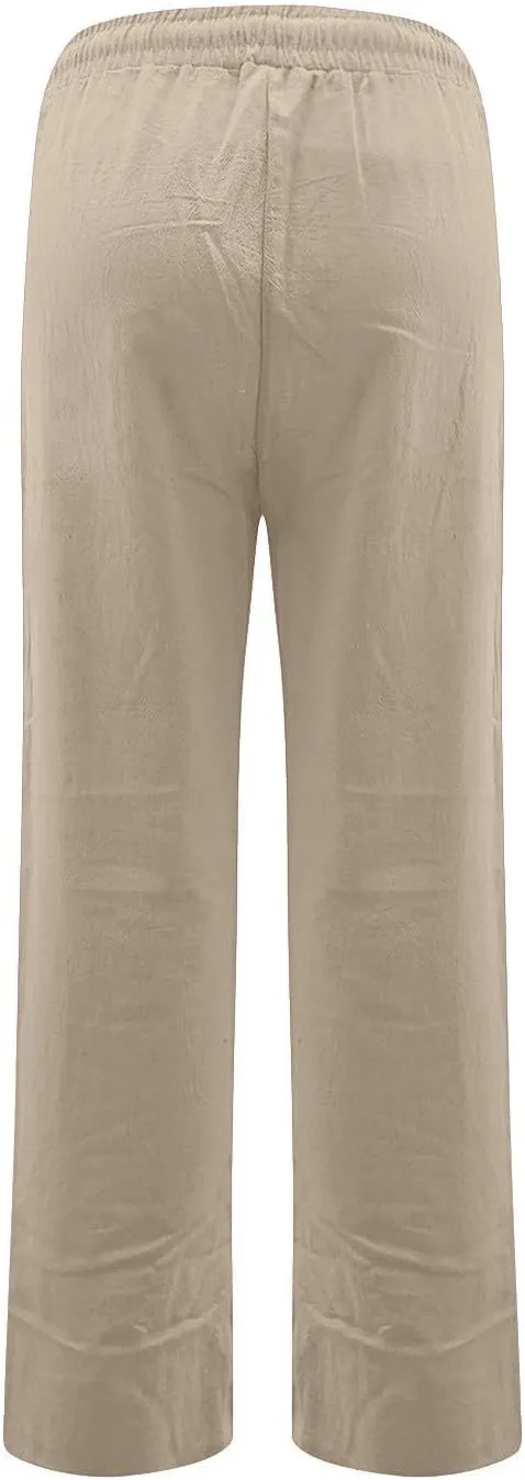 Womens High Waist Linen Pants Straight Leg Casual Loose Summer Beach Lightweight Drawstring Lounge Palazzo Trousers