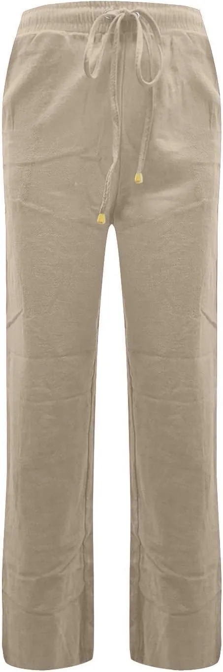 Womens High Waist Linen Pants Straight Leg Casual Loose Summer Beach Lightweight Drawstring Lounge Palazzo Trousers