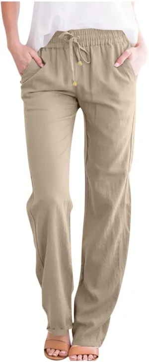 Womens High Waist Linen Pants Straight Leg Casual Loose Summer Beach Lightweight Drawstring Lounge Palazzo Trousers